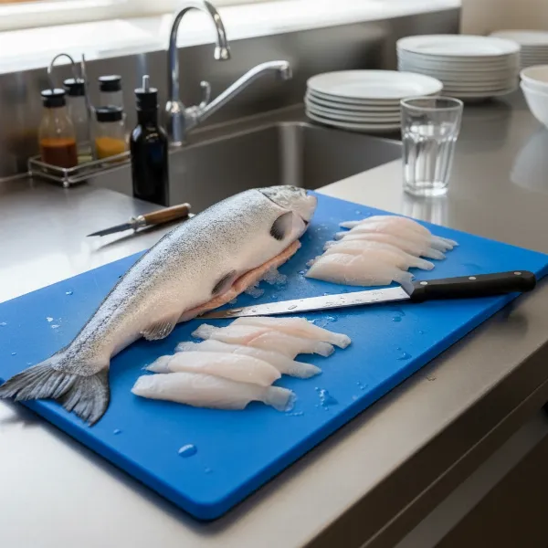 Blue plastic cutting board with fish for safe food preparation