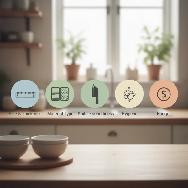 Icons representing key factors for choosing a plastic cutting board: size, thickness, material, knife-friendliness, and hygiene.