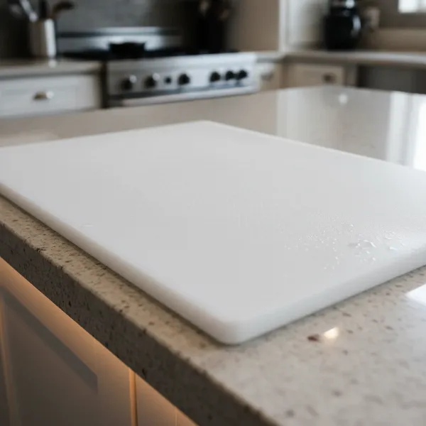 A newly resurfaced and thoroughly cleaned plastic cutting board, looking smooth and ready for use, emphasizing hygiene.