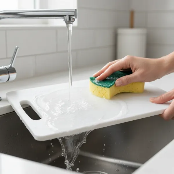 A clean plastic cutting board being hand-washed under running water in a kitchen sink.