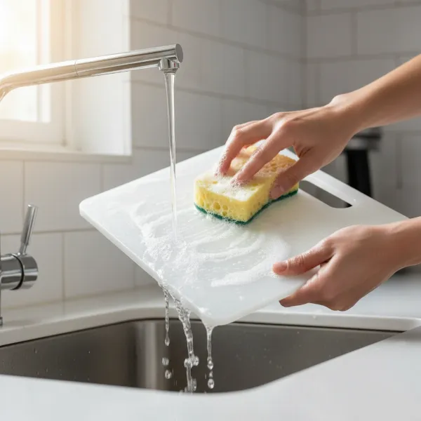 Hands washing a plastic cutting board under running water with soap, illustrating proper hygiene and maintenance practices.