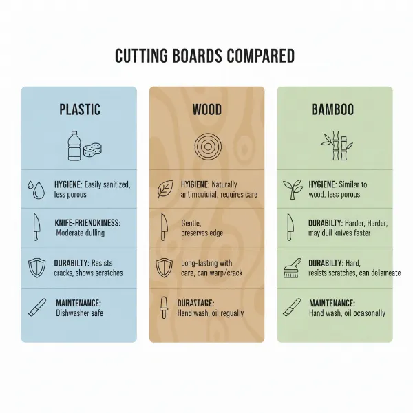 Infographic comparing different cutting board materials like plastic, wood, and bamboo