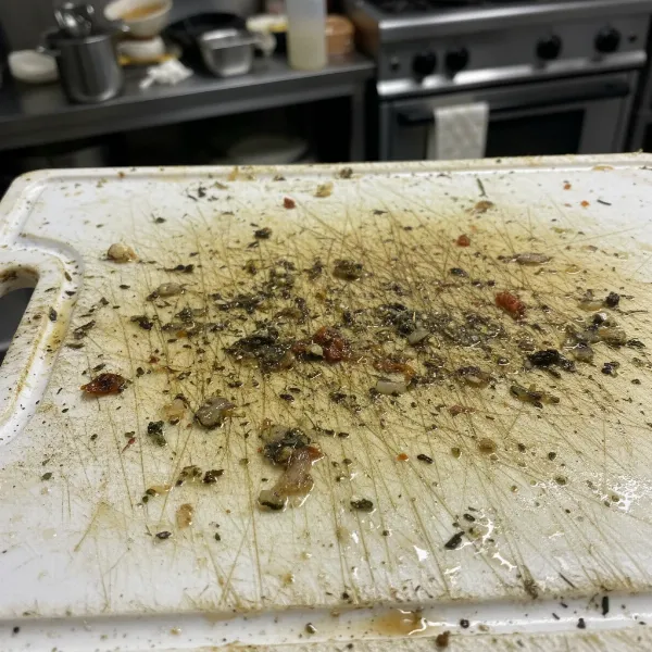 Close-up of a deeply scratched plastic cutting board with knife marks and discoloration, highlighting hygiene issues.
