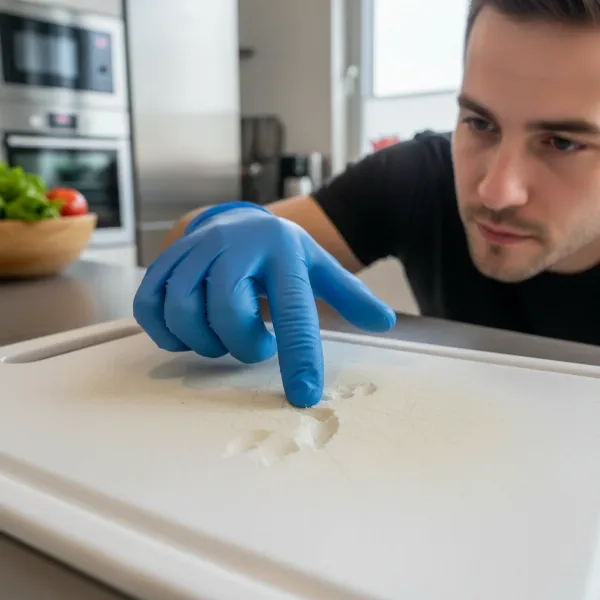 Hand inspecting a plastic cutting board to assess deep scratches and determining if it needs resurfacing or replacement.