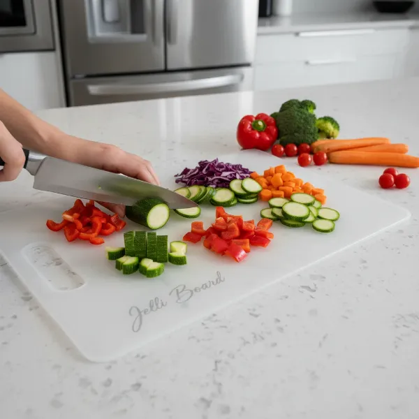 A Jelli Board translucent plastic cutting board on a modern kitchen counter with vegetables being chopped, highlighting its clear design and functionality.
