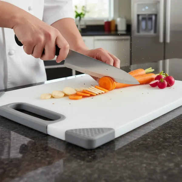 A sharp chef's knife in action on a Cuisinart non-slip plastic board, showing stability and precision