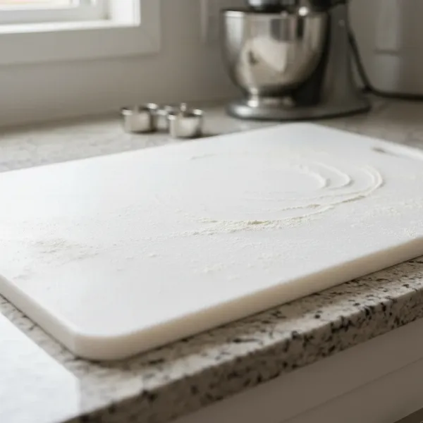 A spacious, clean large white plastic board with a slightly textured surface, perfect for kneading dough, on a kitchen countertop with a dusting of flour. 