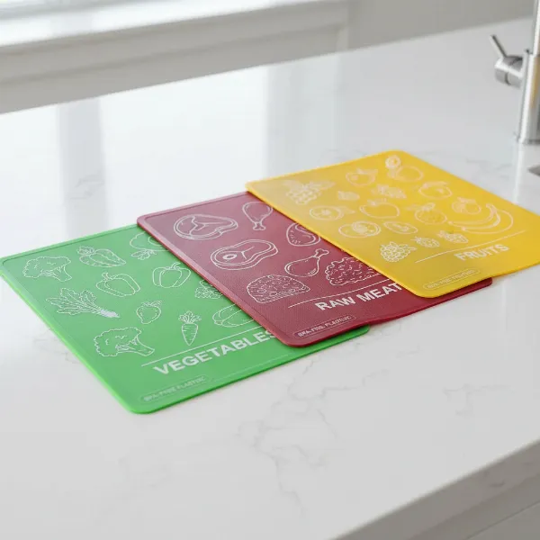 Color-coded Nicole Home Collection flexible cutting mats laid out for different food types on a kitchen counter