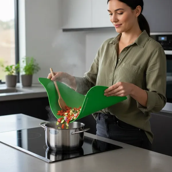 Woman easily transferring chopped vegetables from a Nicole Home Collection flexible mat into a pot on the stove.