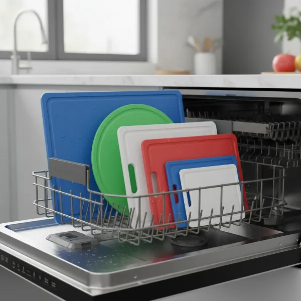 Plastic cutting boards neatly arranged on the top rack of a dishwasher, emphasizing safe placement for washing and sanitizing.