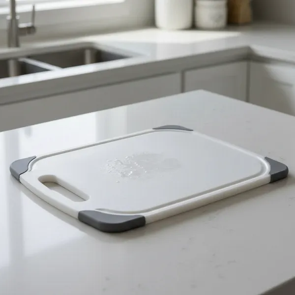A durable polyethylene cutting board with non-slip edges and a juice groove, showcasing its practical design for kitchen prep.
