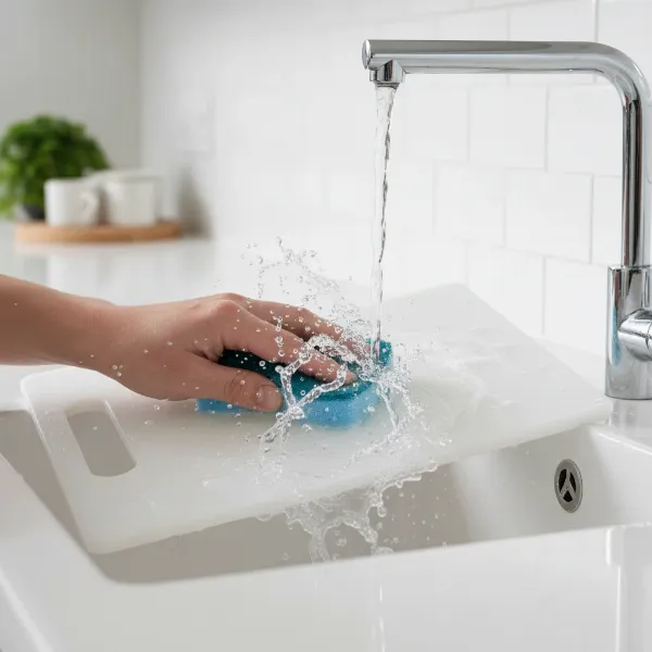 Close-up of a plastic cutting board being easily cleaned under running water, emphasizing hygiene