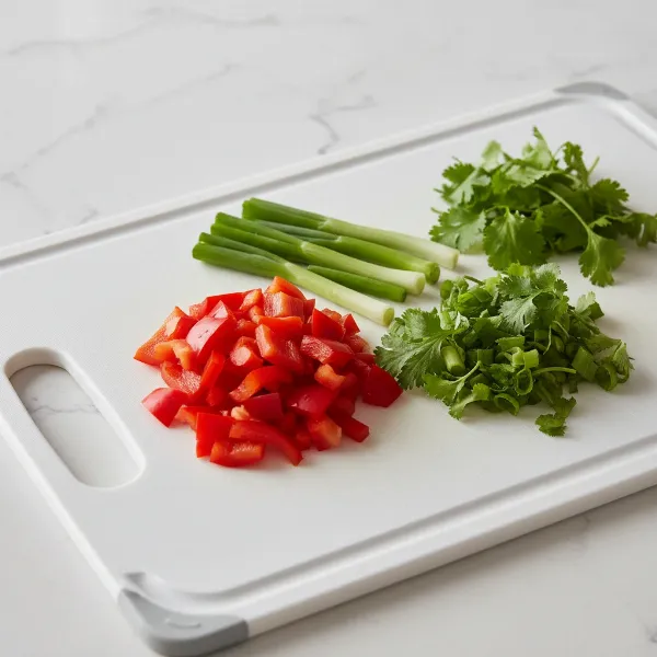 High-quality plastic cutting board with a prominent juice groove and chopped vegetables.
