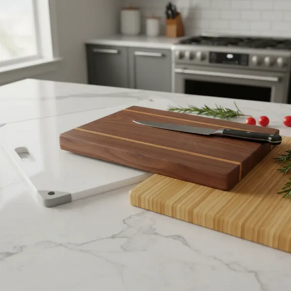 A close-up of different cutting board materials, highlighting the texture of polypropylene plastic, wood, and bamboo. Kitchen counter in background.