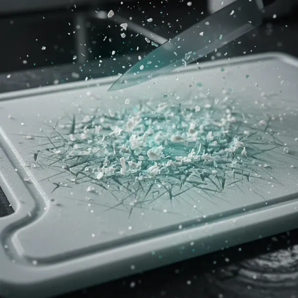 A close-up of a well-used plastic cutting board showing visible knife marks, with microscopic plastic particles subtly illustrated around the cuts.