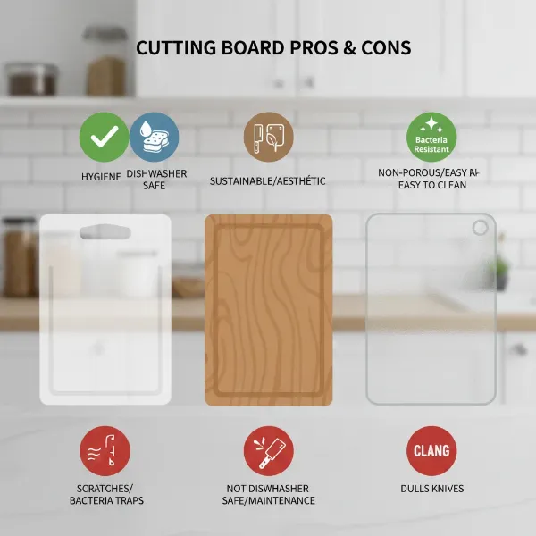 A side-by-side comparison of plastic, wood, and glass cutting boards highlighting their pros and cons for kitchen use, with icons representing hygiene, knife care, and durability.