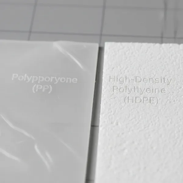 Close-up of polypropylene (PP) and high-density polyethylene (HDPE) material swatches, showing their subtle texture differences for cutting boards.
