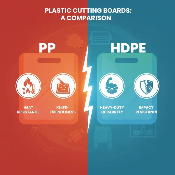 A visual infographic comparing polypropylene (PP) and high-density polyethylene (HDPE) cutting boards across key kitchen performance metrics.