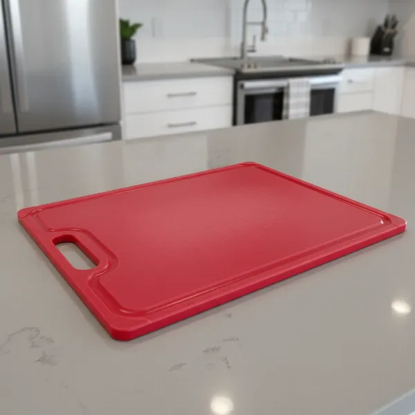 A bright red high-density polyethylene (HDPE) plastic cutting board with juice grooves, ideal for preparing raw meat.
