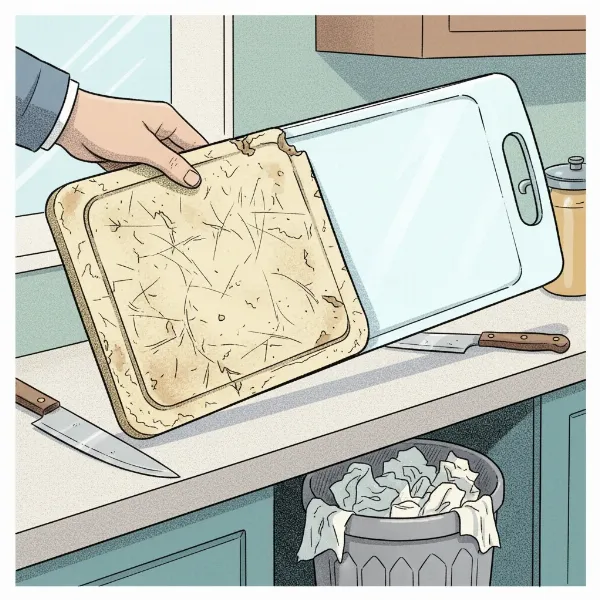 A worn, scratched plastic cutting board being discarded, with a new, smooth board ready for use next to it.