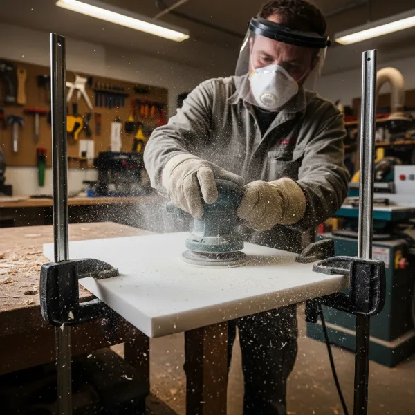 Person actively sanding a clamped plastic cutting board with an orbital sander, creating fine plastic dust, wearing safety goggles and a mask.