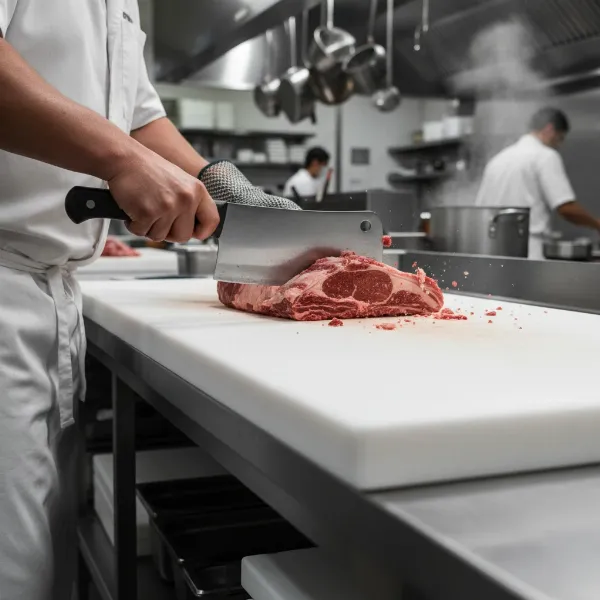 A large, thick white HDPE cutting board being used by a butcher to chop a large piece of meat with a cleaver. Professional, clean kitchen.