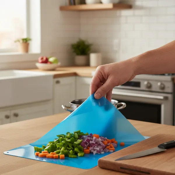 A thin, flexible plastic cutting mat being used to chop vegetables in a small kitchen. A chef's hand is visible. Bright, clean kitchen.