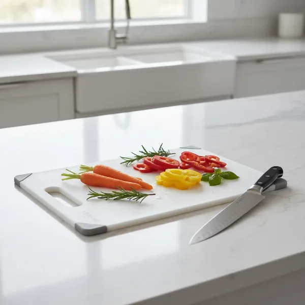 A YBM Home plastic cutting board on a kitchen counter with fresh vegetables and a knife.